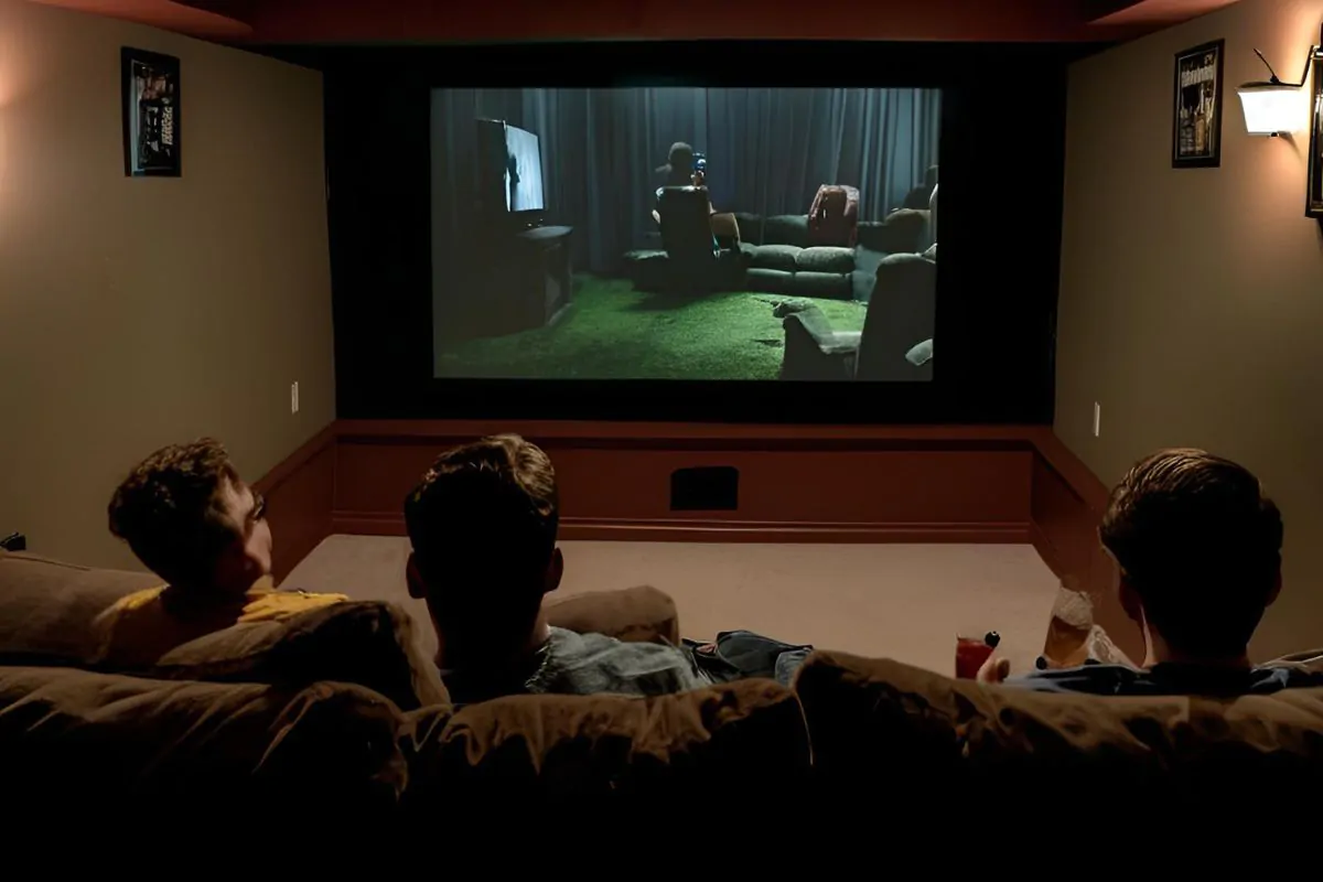 friends watching in home theater basement