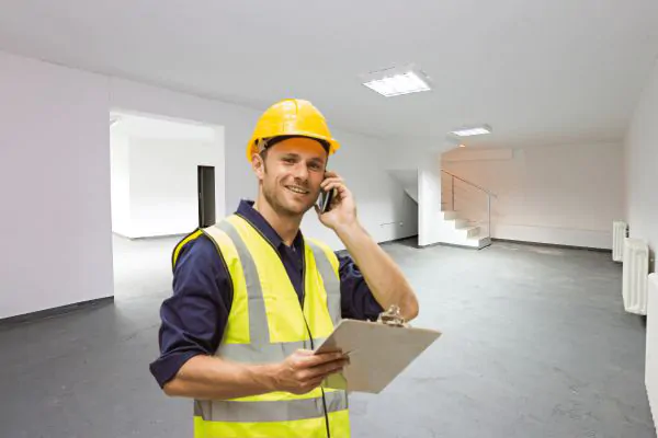 a happy contractor holding phone in empty basement