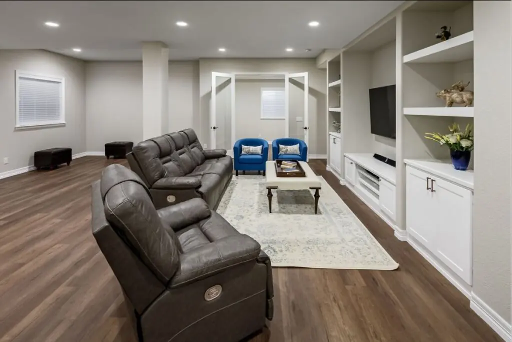 modern design basement with beautiful furniture setup