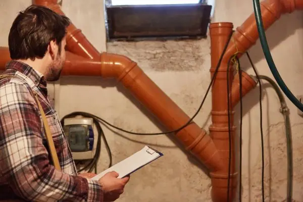 craftsmen checks pipes in the basement