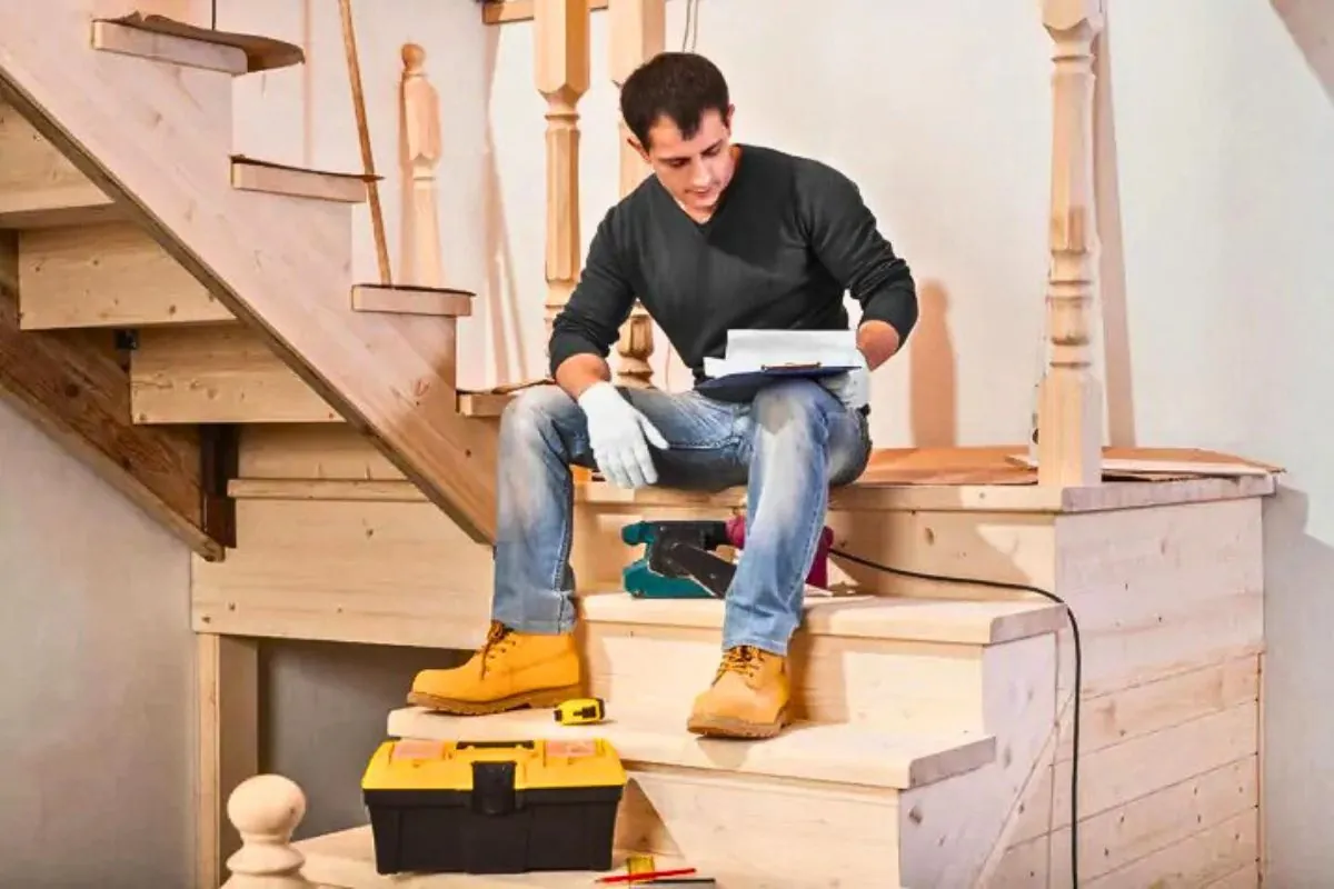 expert contractors sitting on basement stairs looking at the basement blueprint