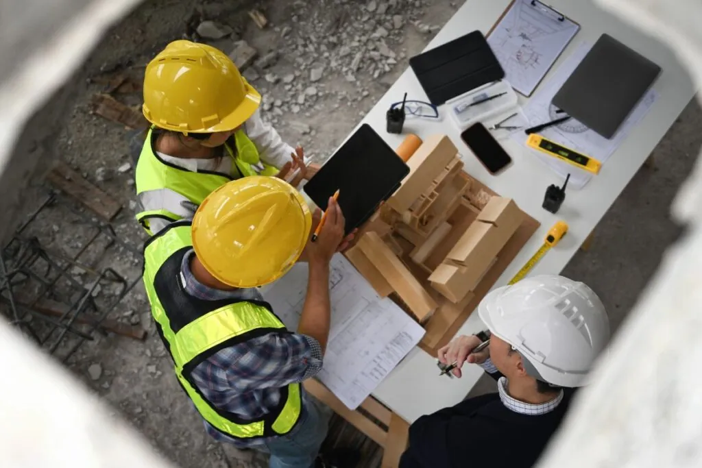 top view of contractor and homeowner discussing the custom basement design